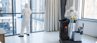 full shot people hazmat suit cleaning