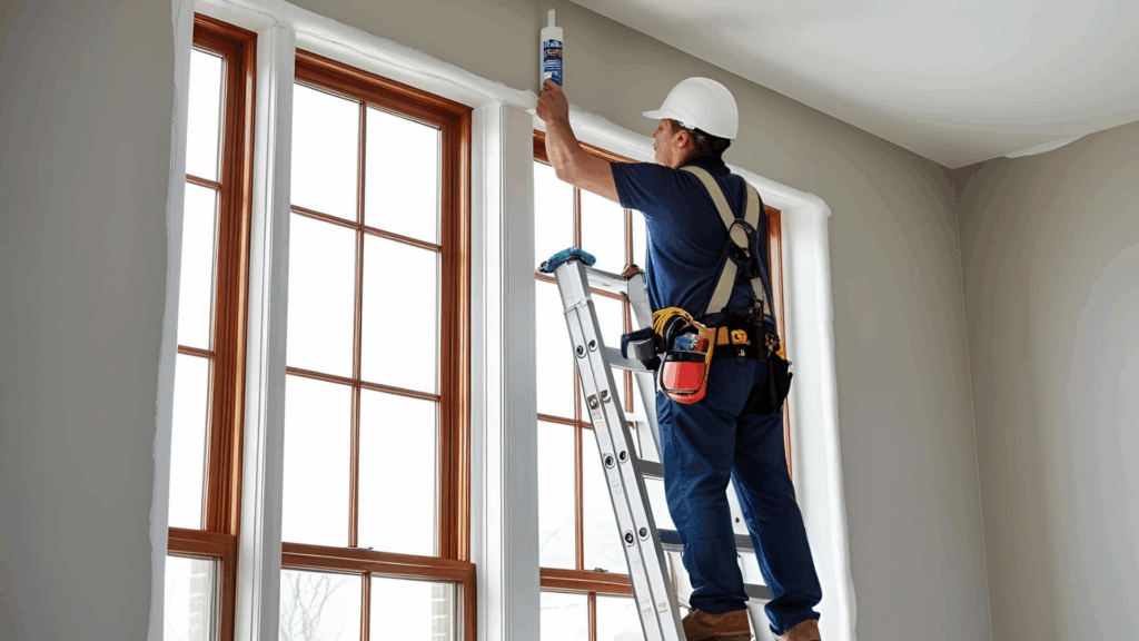 Professional caulking contractor sealing large gaps around a building's exterior to prevent water damage and energy loss.