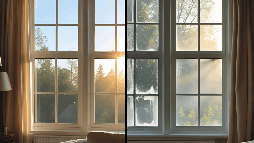 A side-by-side comparison of a clean vs dirty window in a bright room