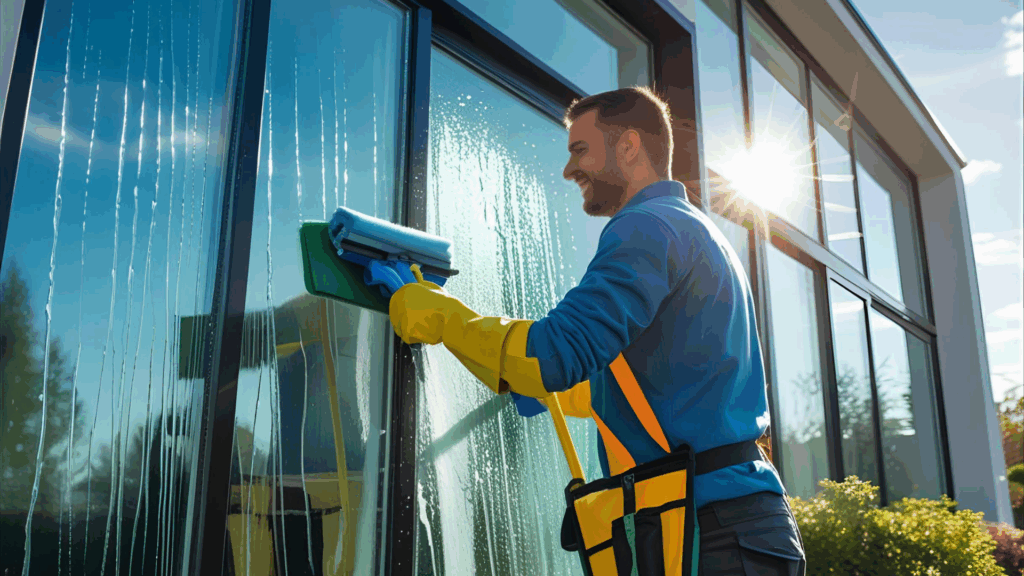 A professional window cleaner cleaning large glass windows