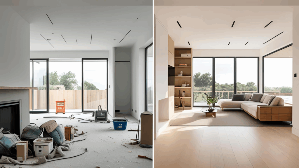 Modern construction site cleanup, showing before and after