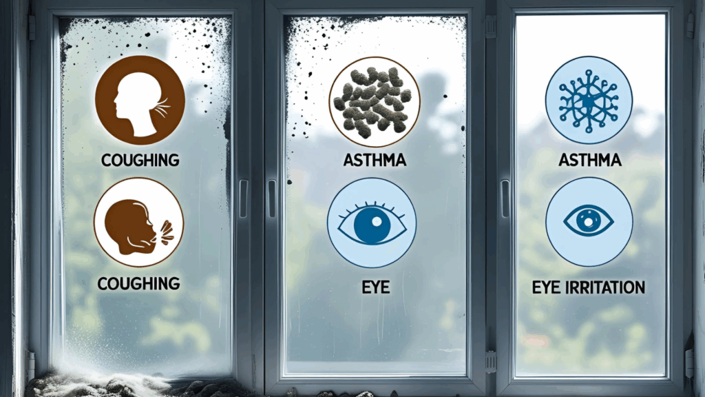 A simple diagram showing dust, mould, and bacteria accumulating on a window