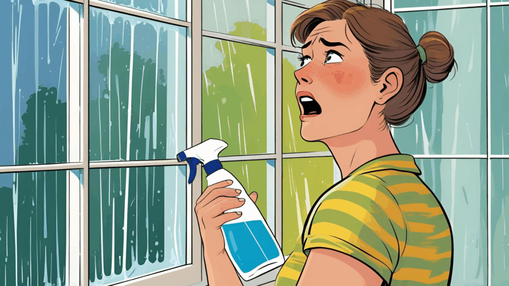 A person frustrated with streaky windows or using the wrong cleaner