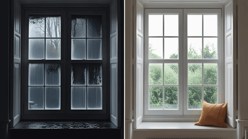 A gloomy room with dirty windows vs a bright room with clean windows