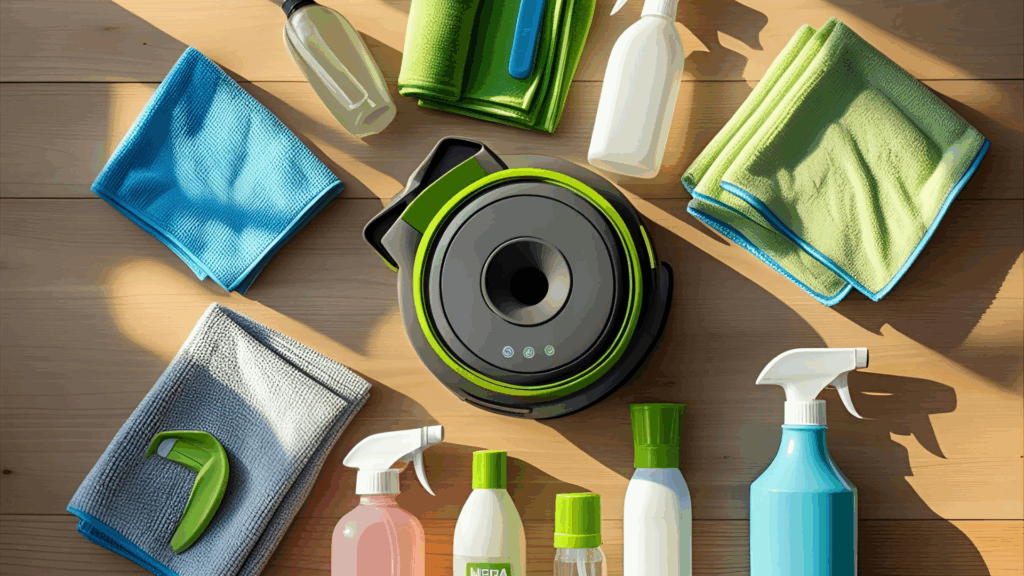 A flat lay of eco-friendly cleaning tools like microfiber cloths, bottles, and sprays for a Spotless Space