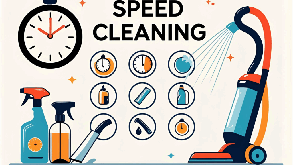 A checklist-style graphic or stopwatch with cleaning icons for busy people in Maintaining a Spotless Space