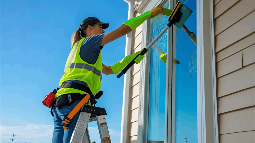 Person on a stable ladder doing professional window cleaning