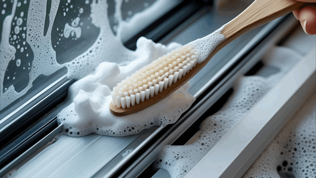 Toothbrush scrubbing a dirty window