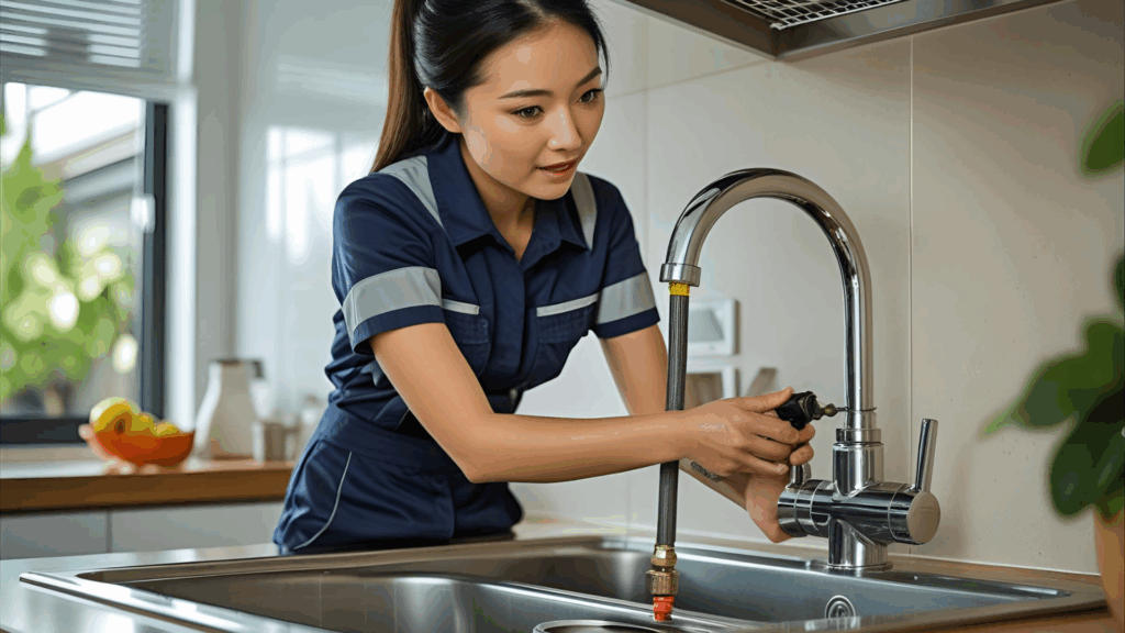 Plumber inspecting kitchen sink, checking for water leaks