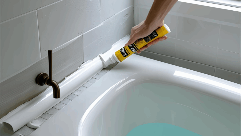 Caulking being applied around bathtub/shower
