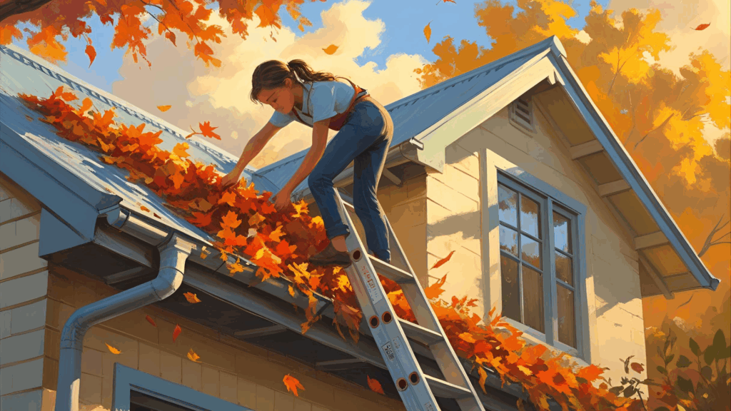 Girl cleaning leaves from home gutters
